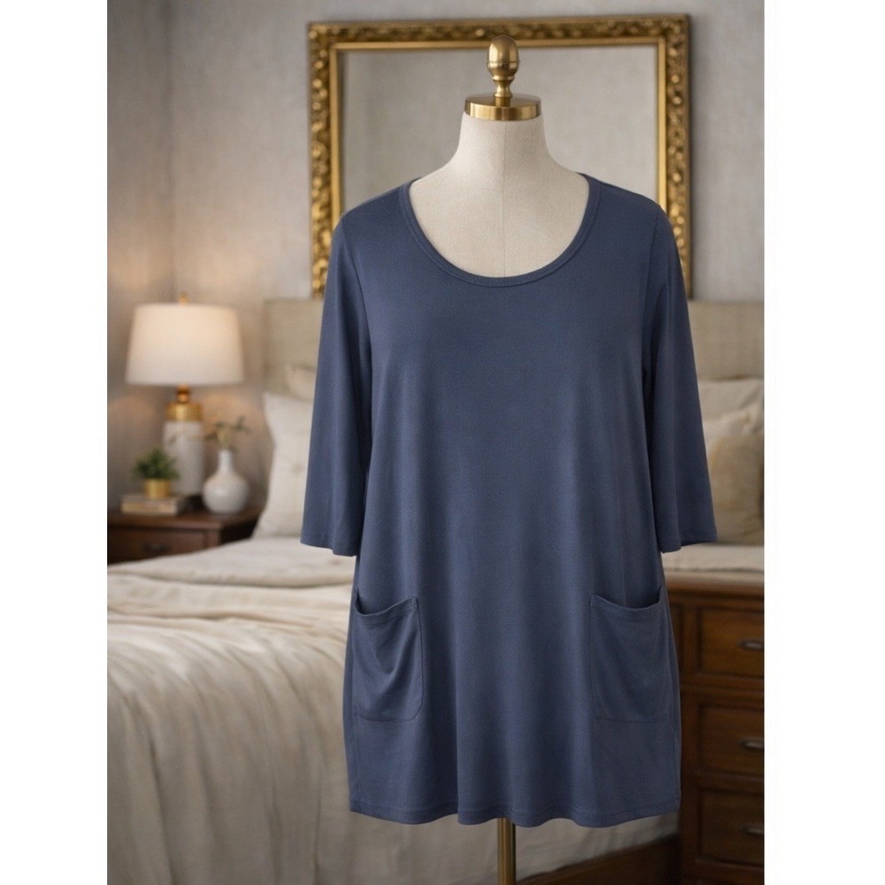 J. Jill Pure Jill Two Pocket Knit Tunic Top Blue Soft Cotton Short Sleeves Small